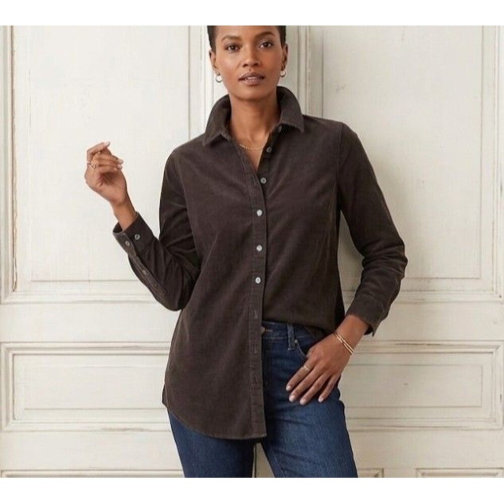 J. Jill Size L Petite Corduroy Blouse Tunic Button Up Shacket Brown 100% Cotton